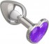 Серебристая анальная втулка с фиолетовым кристаллом-сердцем - 7 см.