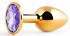Золотистая анальная пробка с фиолетовым стразом - 7,2 см.