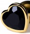 Золотистая коническая анальная пробка с черным кристаллом-сердечком - 7 см. 